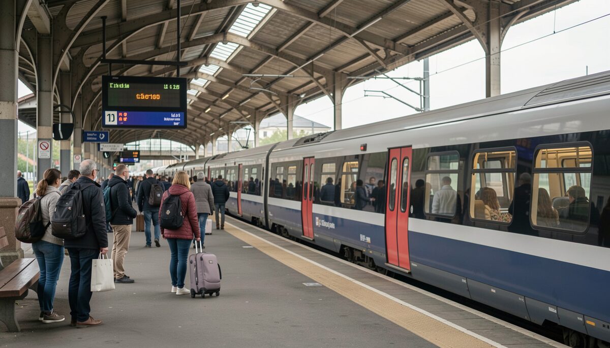 Quai de gare régionale avec train à l'arrêt et voyageurs, sans affichage lisible