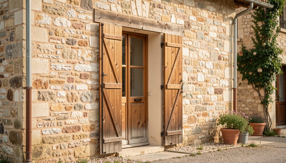 Façade de maison traditionnelle en pierre avec volet en bois, sans enseigne
