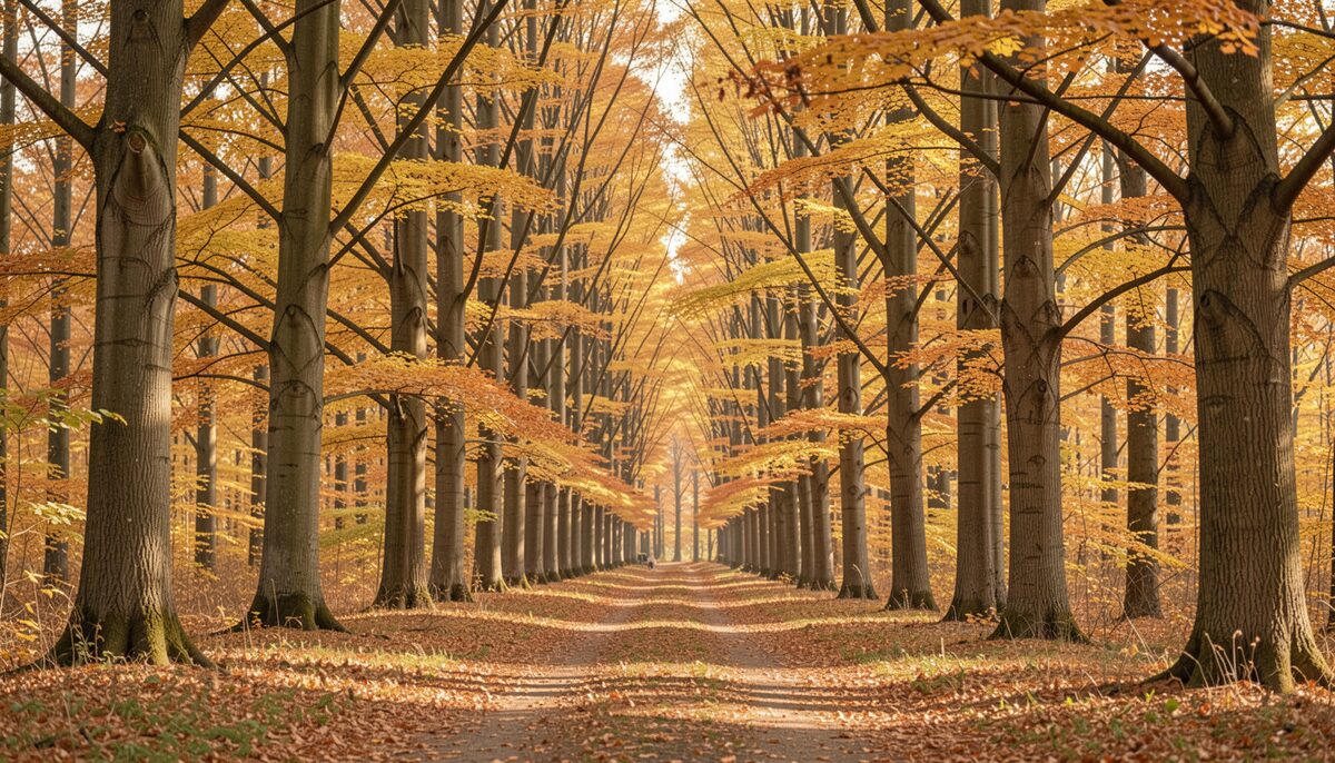 Forêt de châtaigniers aux feuillages dorés en automne, sans texte
