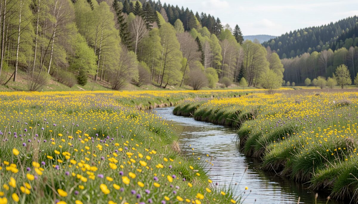 Prairie fleurie de printemps avec ruisseau et versant boisé, sans texte