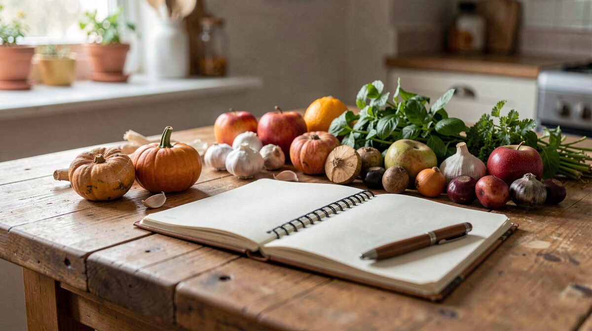 Une table de cuisine en bois avec des ingrédients de saison, un carnet ouvert et une lumière latérale douce, cadrage rapproché sur le plan de travail.