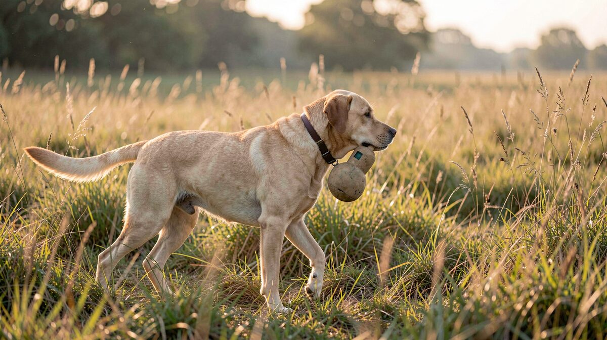 Un labrador rapporte un drapeau d'entraînement dans un champ de® herbes hautes au petit matin, cadré de profil au niveau du sol.