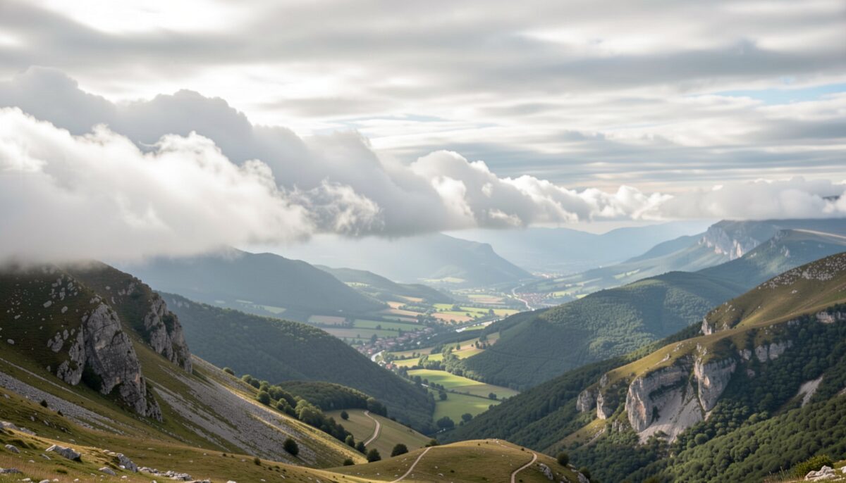 Nuages accrochés à une crête cévenole avec vallée en contrebas, sans texte