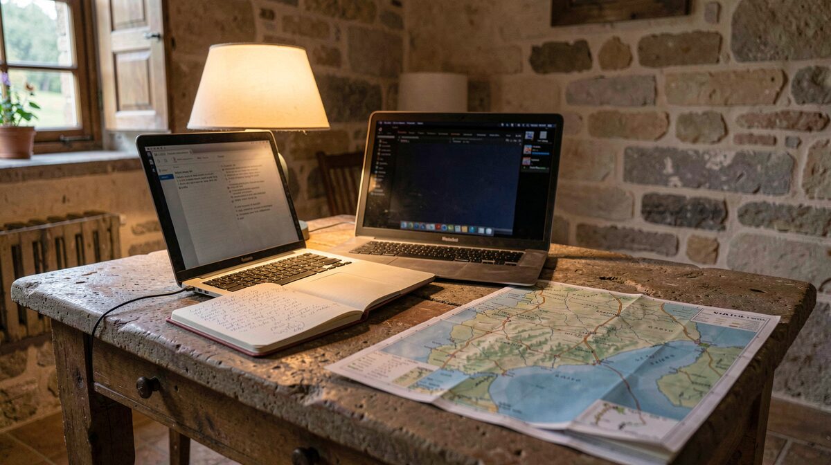 Un bureau en pierre d'une maison cévenole, le soir, lampe allumée, un ordinateur portable ouvert à côté d'un carnet manuscrit et d'une carte du Gard, cadrage rapproché.