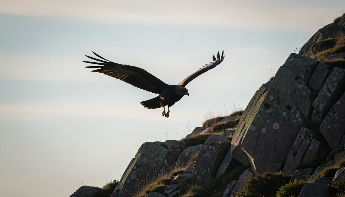 Silhouette de rapace planant au-dessus d'une crête rocheuse, sans texte