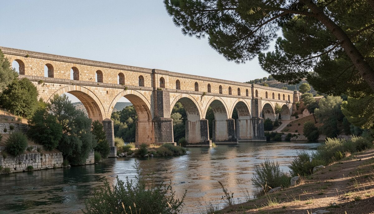Vue du Pont du Gard au-dessus du Gardon avec rive ombragée, sans personne