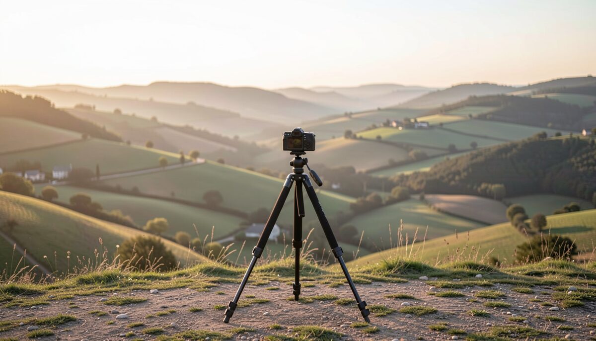 Trépied photo devant un panorama de vallée cévenole au lever du jour, sans texte
