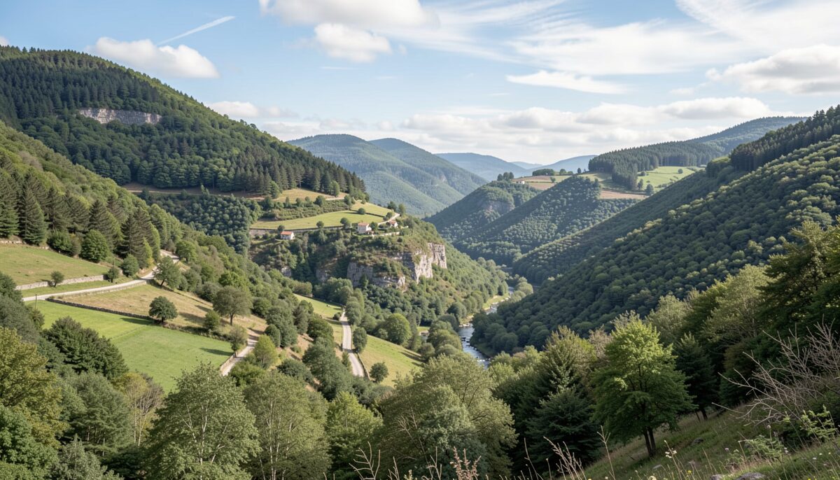 Paysage de vallée cévenole avec versants boisés et ciel de saison, sans texte ni panneau
