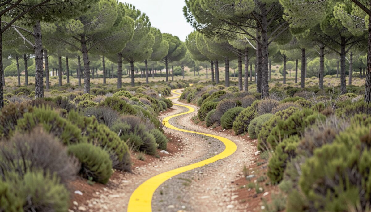 Sentier balisé de jaune serpentant entre garrigue et pins, sans panneau lisible