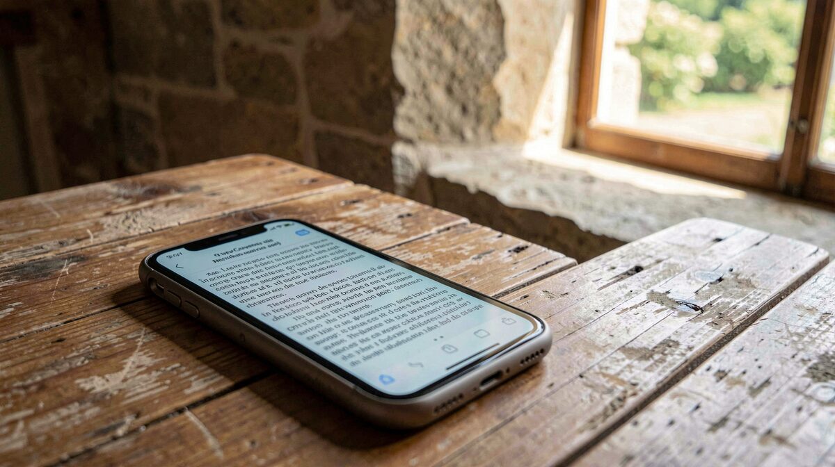 Un Smartphone posé sur une table en bois d'une gîte cévenol, écran allumé montrant un article en lecture, lumière douce du matin venant d'une fenêtre en pierre, cadrage rapproché en plongée légère.