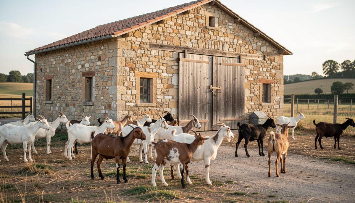 Bâtiment agricole en pierre avec troupeau de chèvres au premier plan, sans enseigne